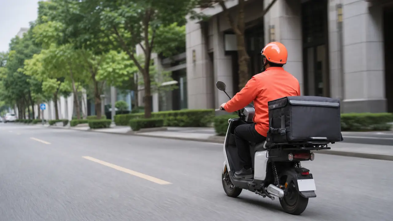同城配送员正在城市道路中配送包裹